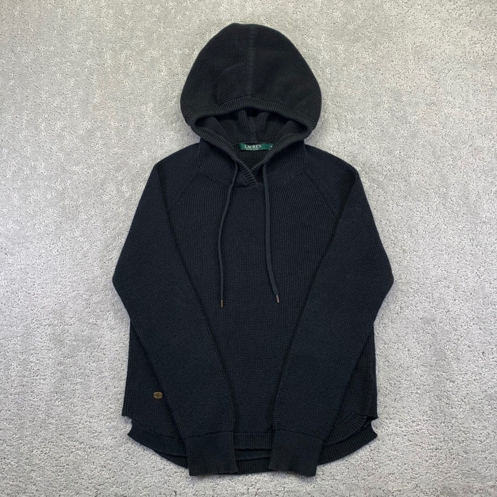Lauren Ralph Lauren Hoodie Womens M Black Waffle Knit Cotton Pullover‎ Preppy